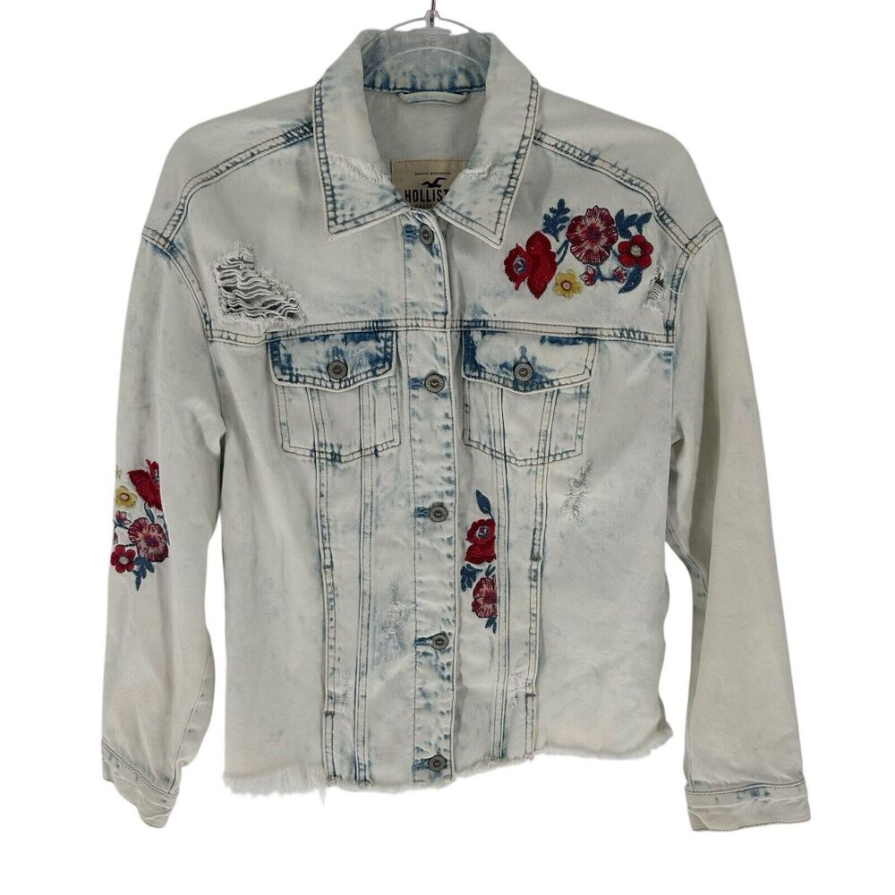 Hollister Jean Jacket Womens Medium Acid Wash Floral Embroidered Distressed